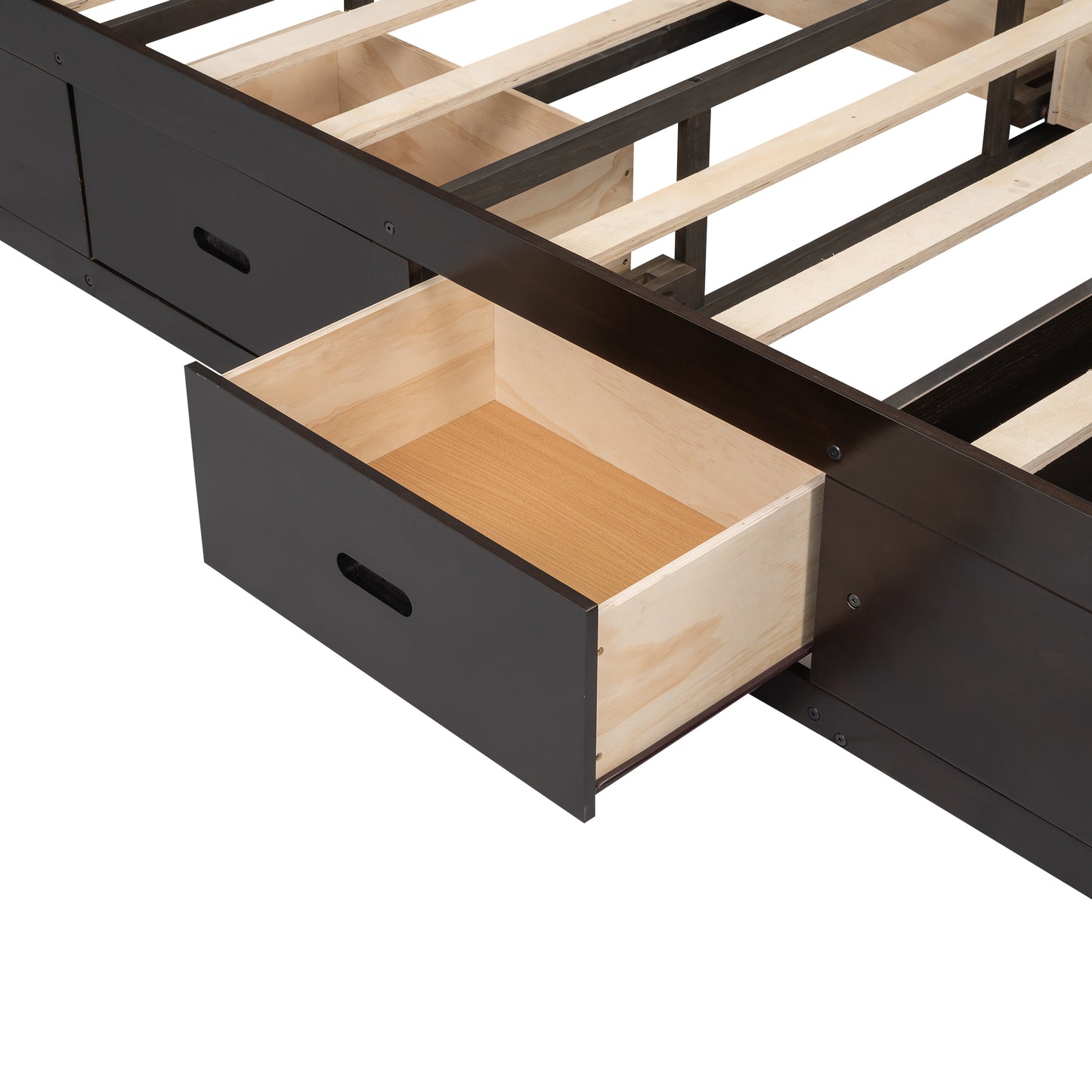Dark brown wooden bed frame with open drawer showing pine interior for storage