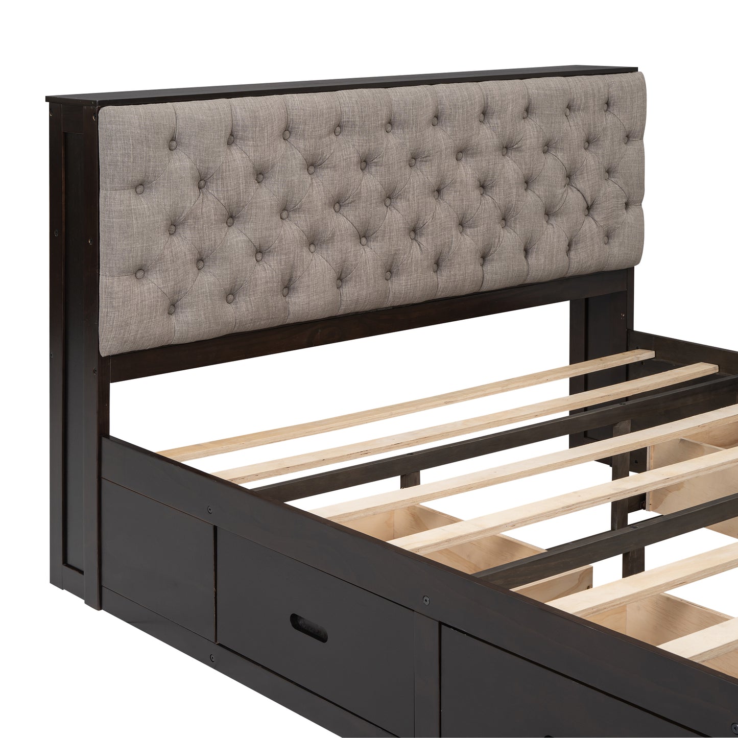 Dark brown wooden bed frame with tufted grey fabric headboard and storage drawers