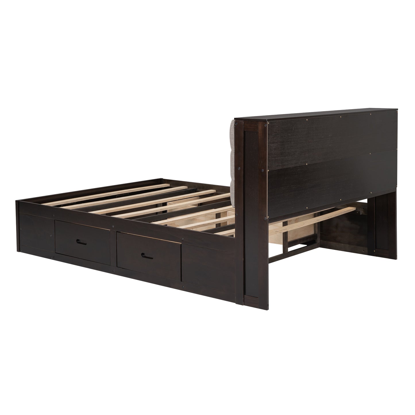 Dark brown wooden platform bed with three drawers and upholstered headboard