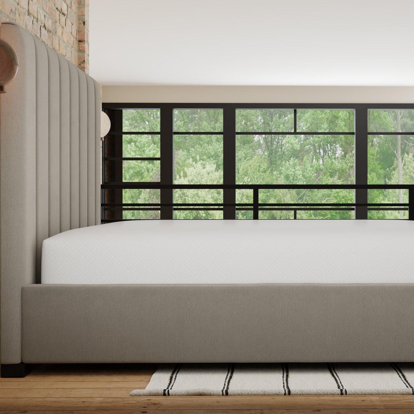 Tufted grey upholstered bed frame with a geometric pattern mattress ideal for bedroom decor