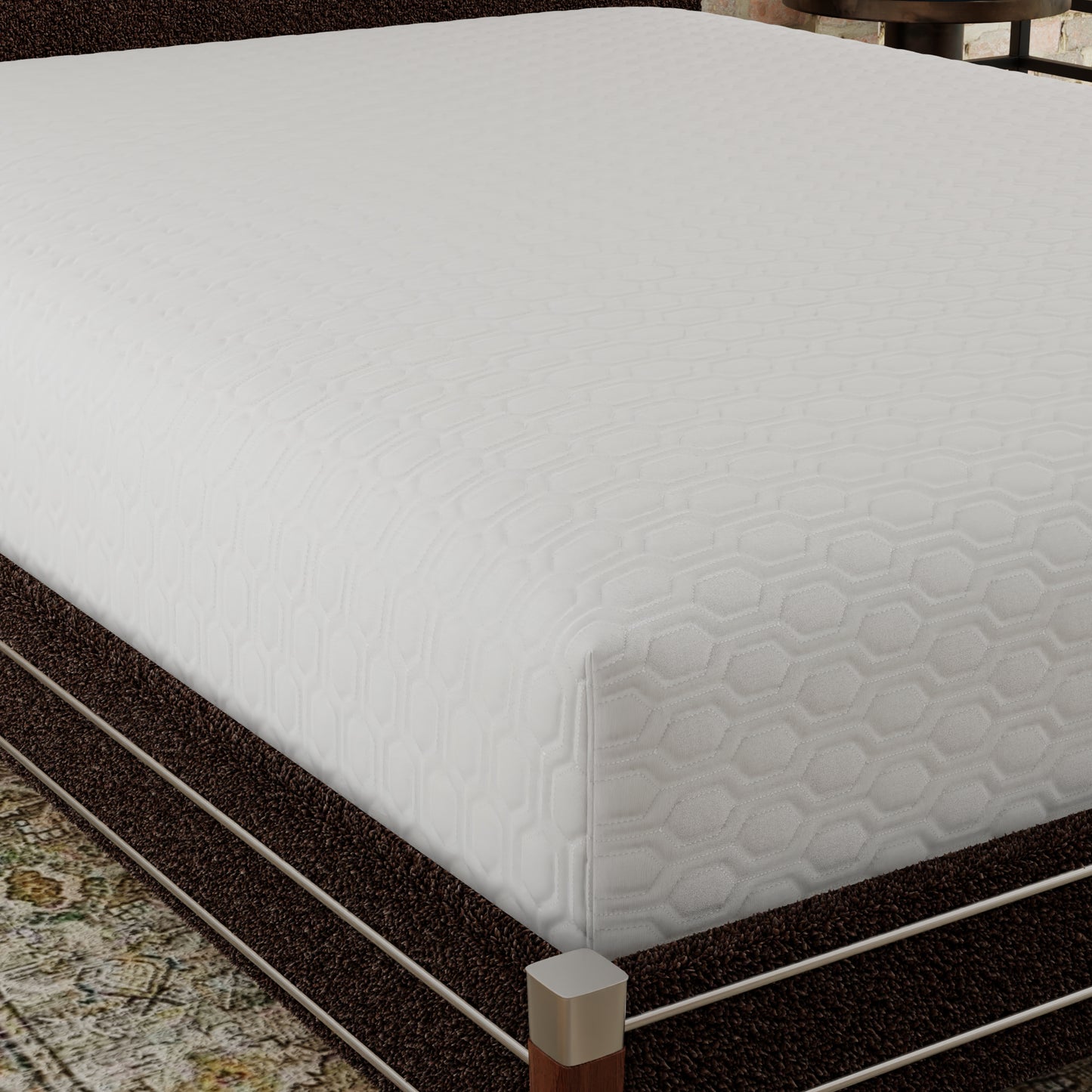 White quilted mattress with hexagonal pattern soft fabric texture queen size