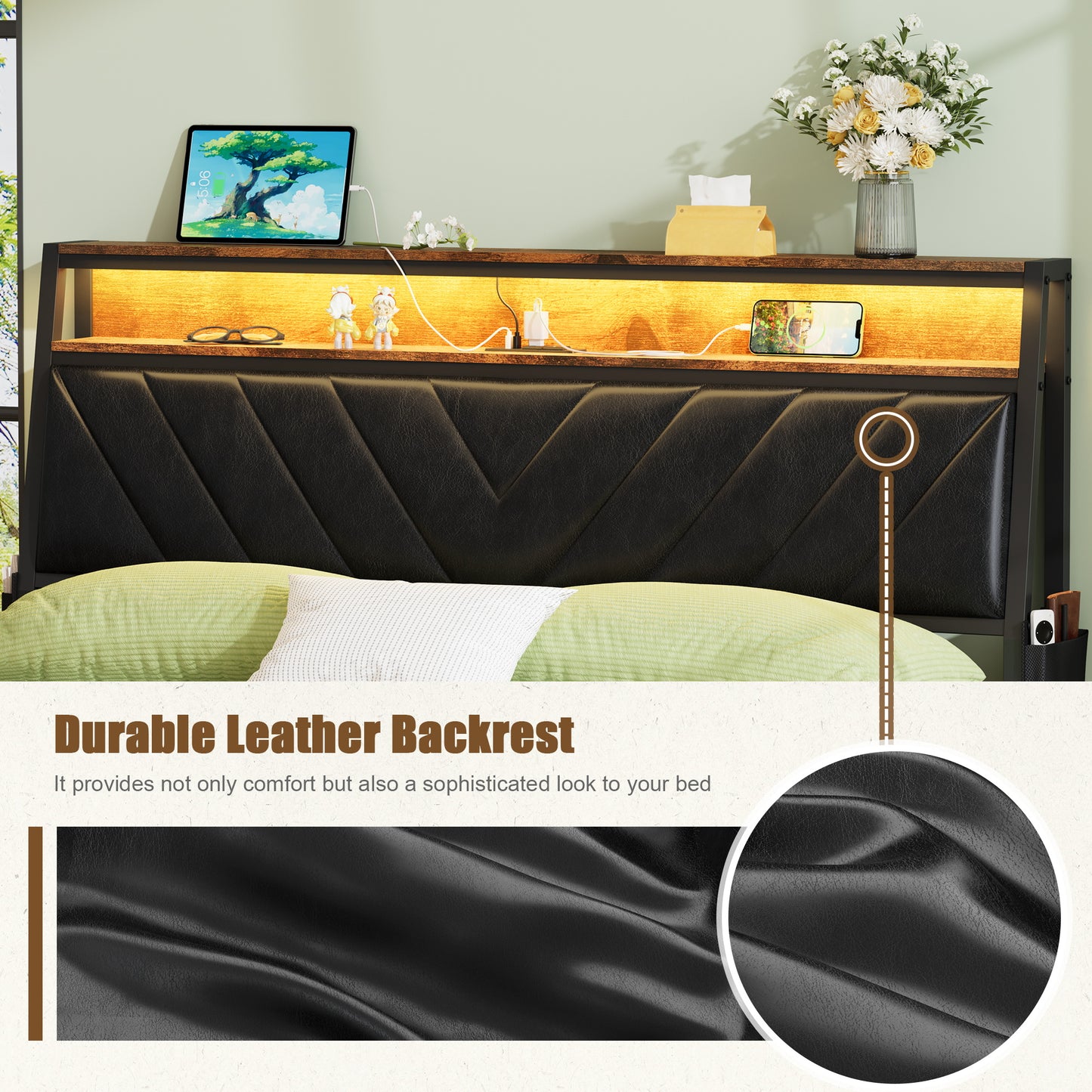 Black leather headboard with chevron stitching and integrated shelf