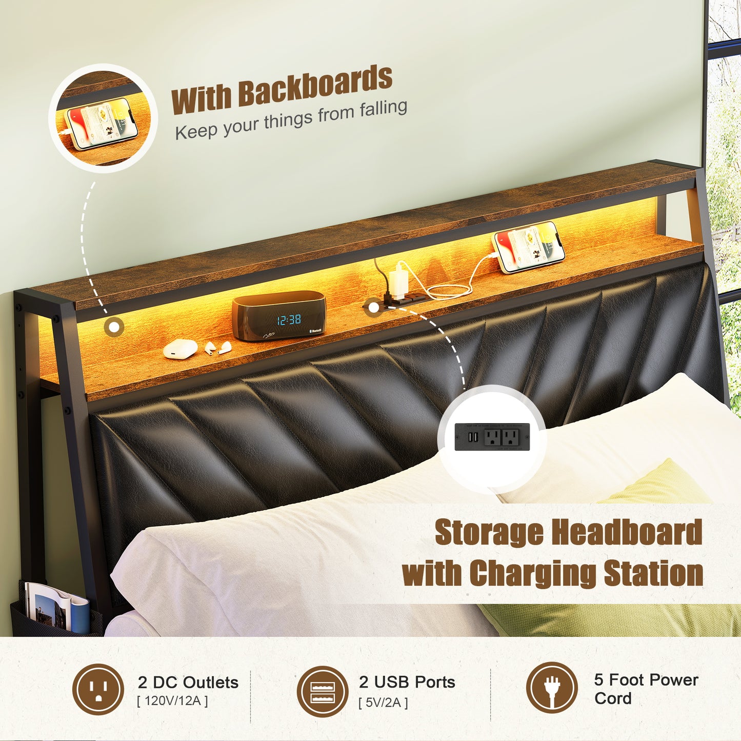 Rustic wood grain headboard with integrated LED lighting and charging station