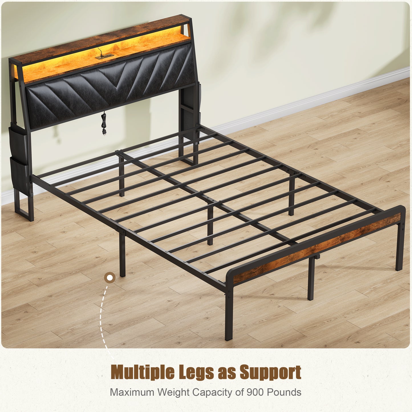 Industrial queen bed frame with USB ports and charging