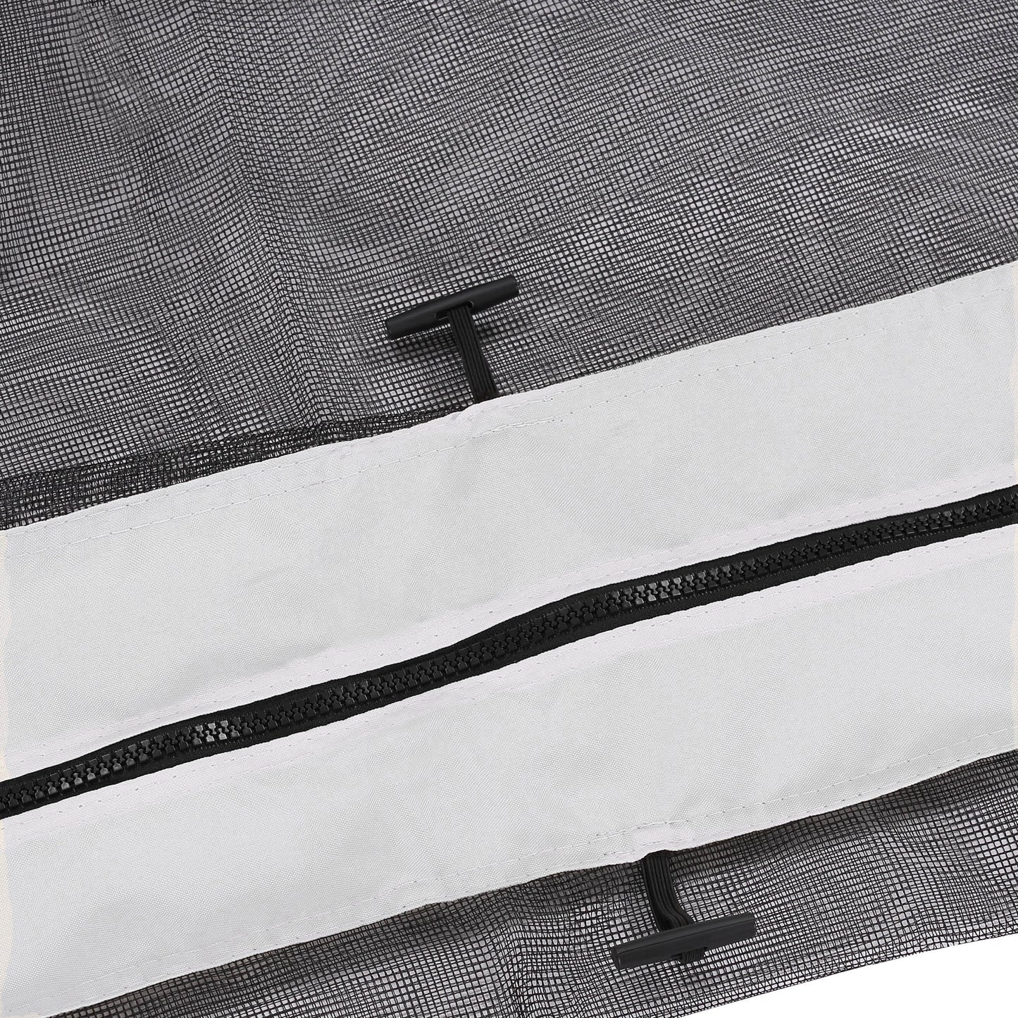 Black mesh fabric with white trim and a zipper ideal for outdoor gear