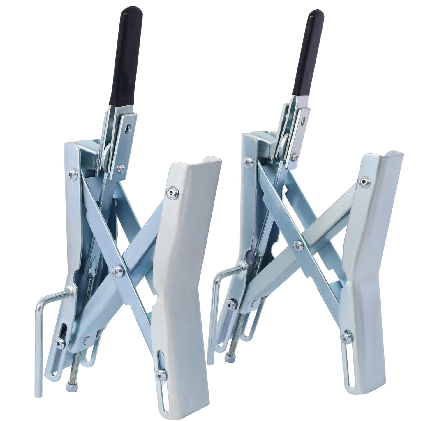 Two silver metal drum clamps with black handles ideal for safely securing drums
