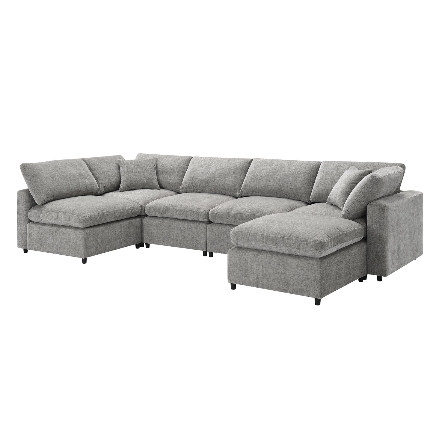 Plush grey fabric sectional sofa with chaise lounges and matching throw pillows