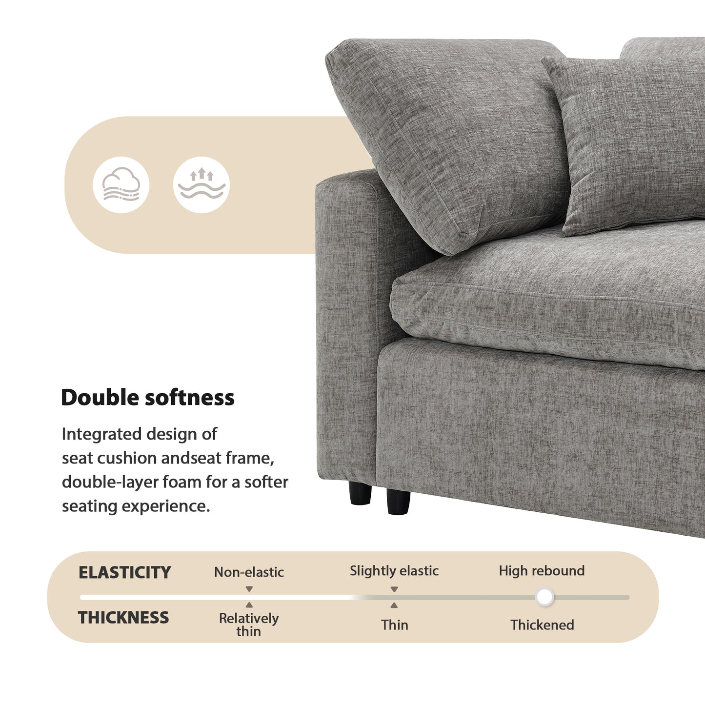Closeup of plush grey fabric sofa cushions with doublelayer foam for enhanced comfort