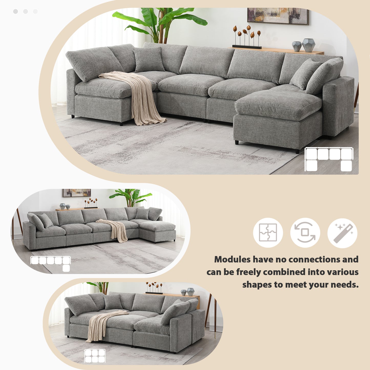 Plush grey fabric sectional sofa with chaise lounge perfect for modern living rooms