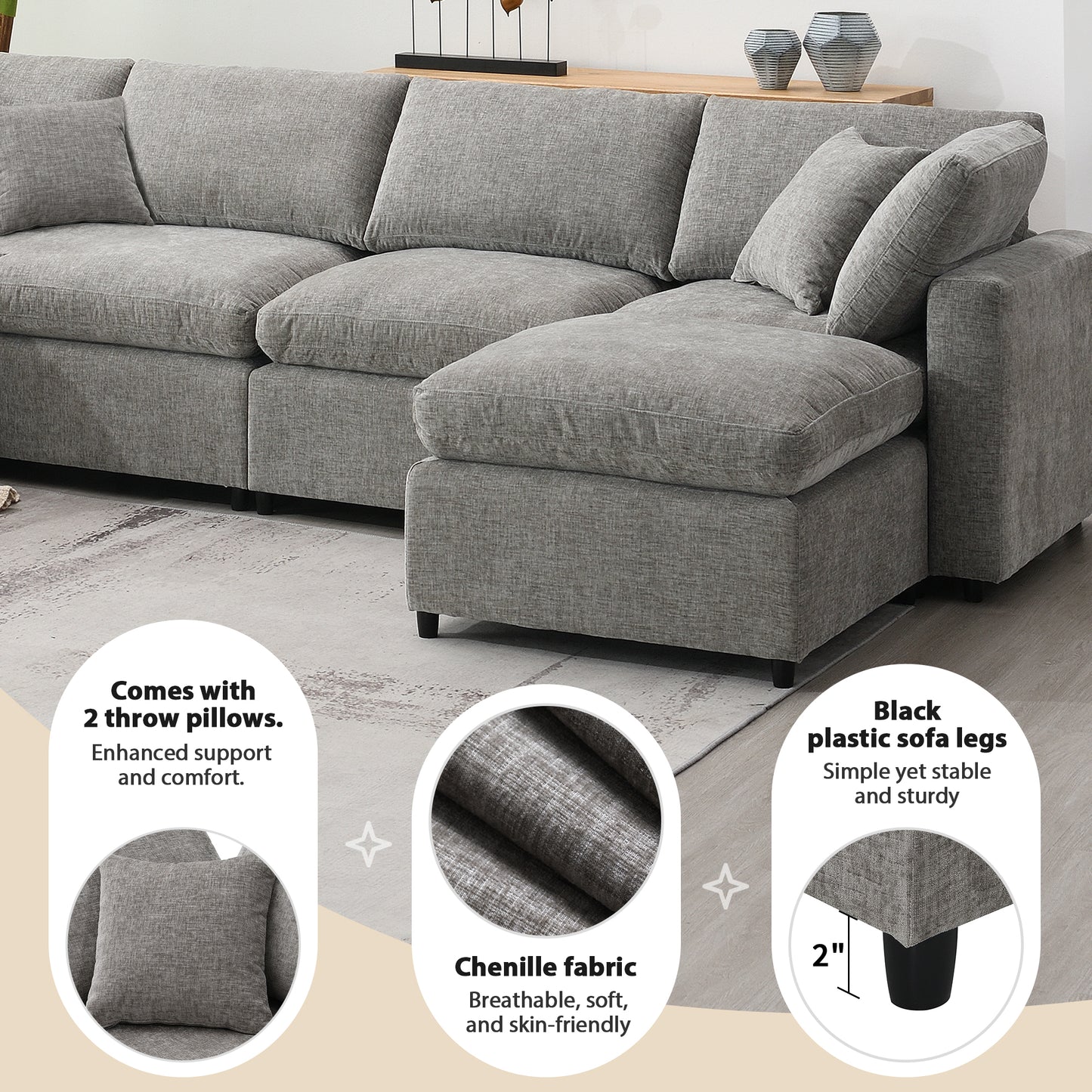 Gray chenille sectional sofa with plush cushions and a chaise lounge