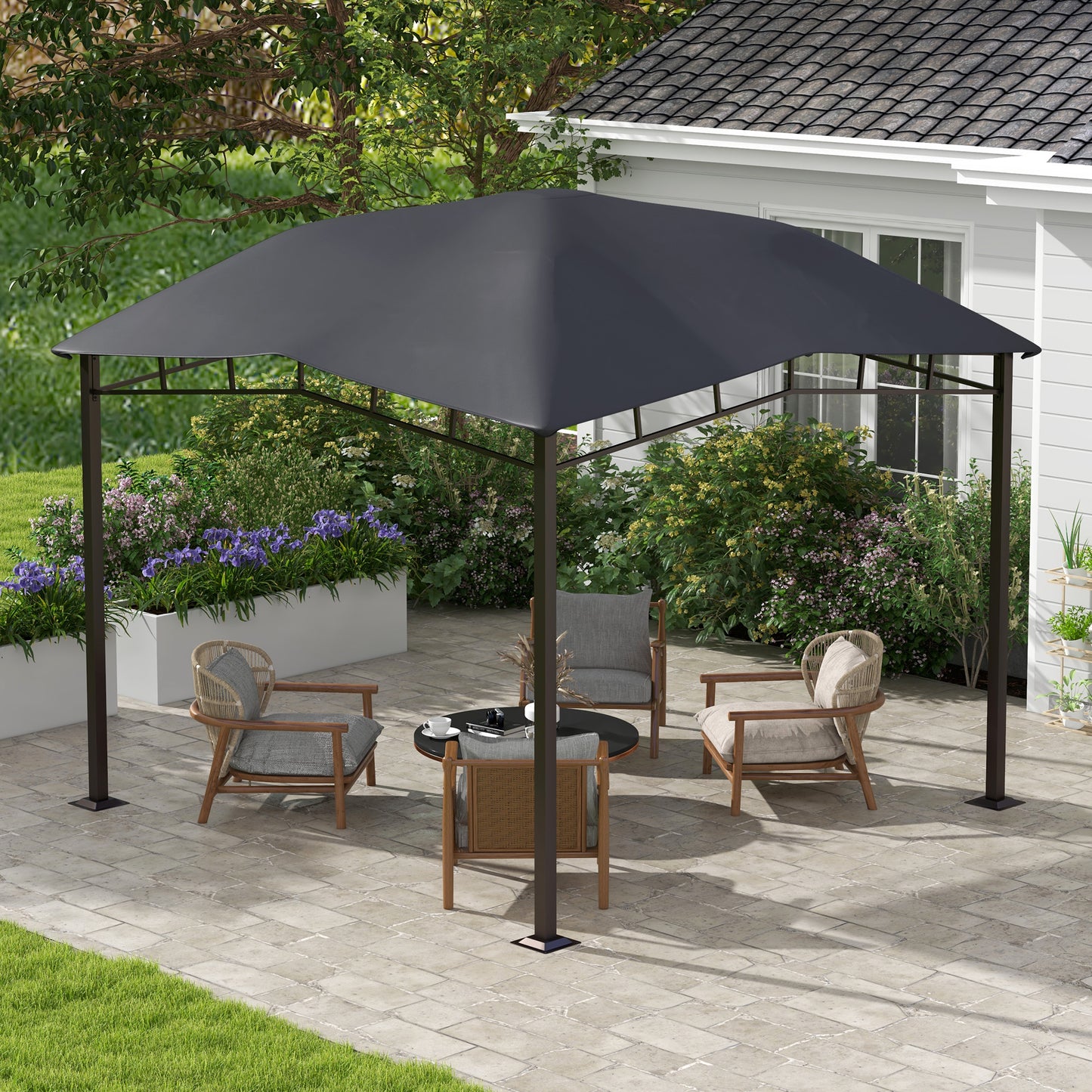 Dark grey square gazebo with a metal frame seating area and round table