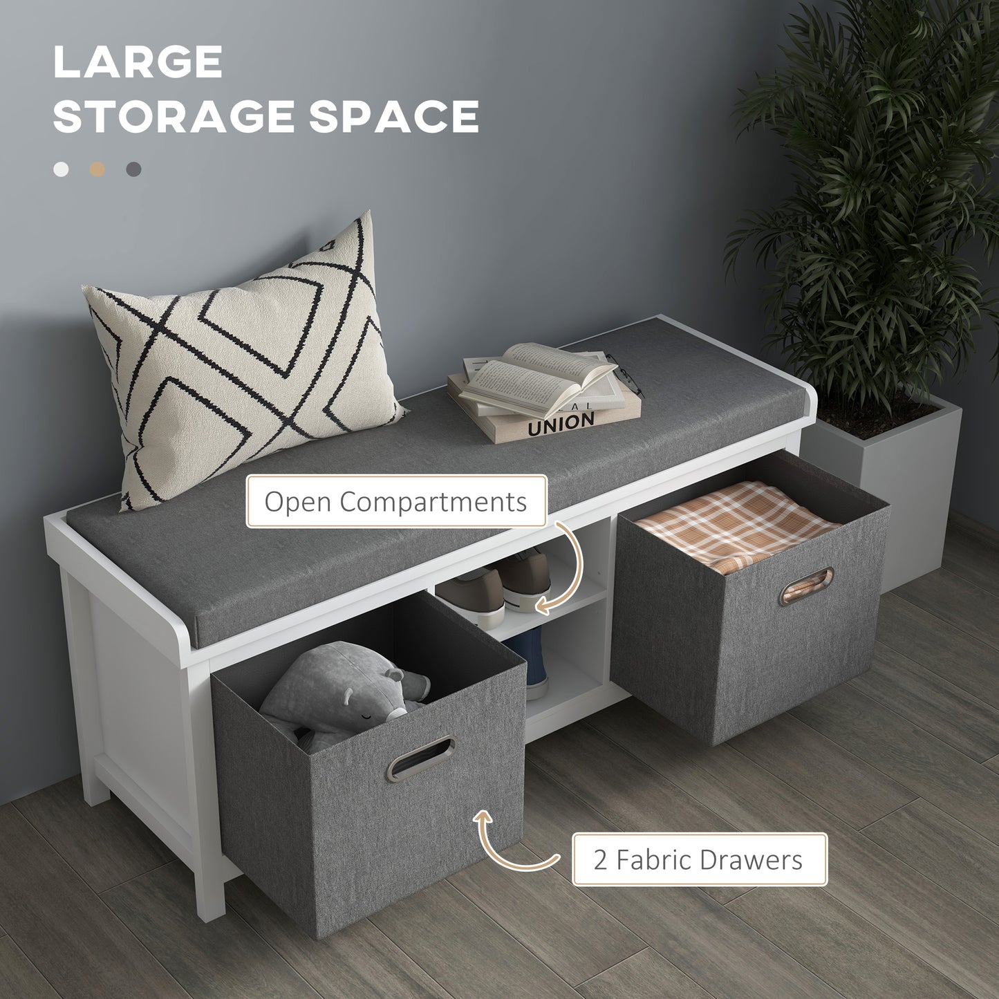 White storage bench with grey upholstered seat and two fabric drawers perfect for entryway organization