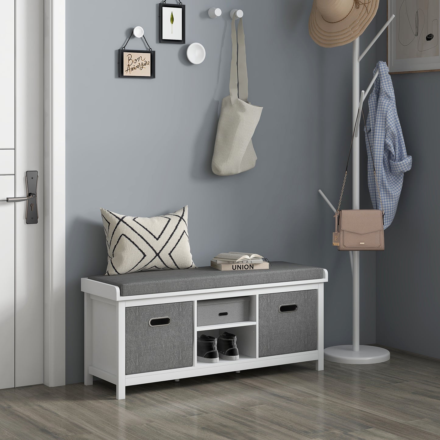 Entryway storage bench with grey cushion and storage cubes