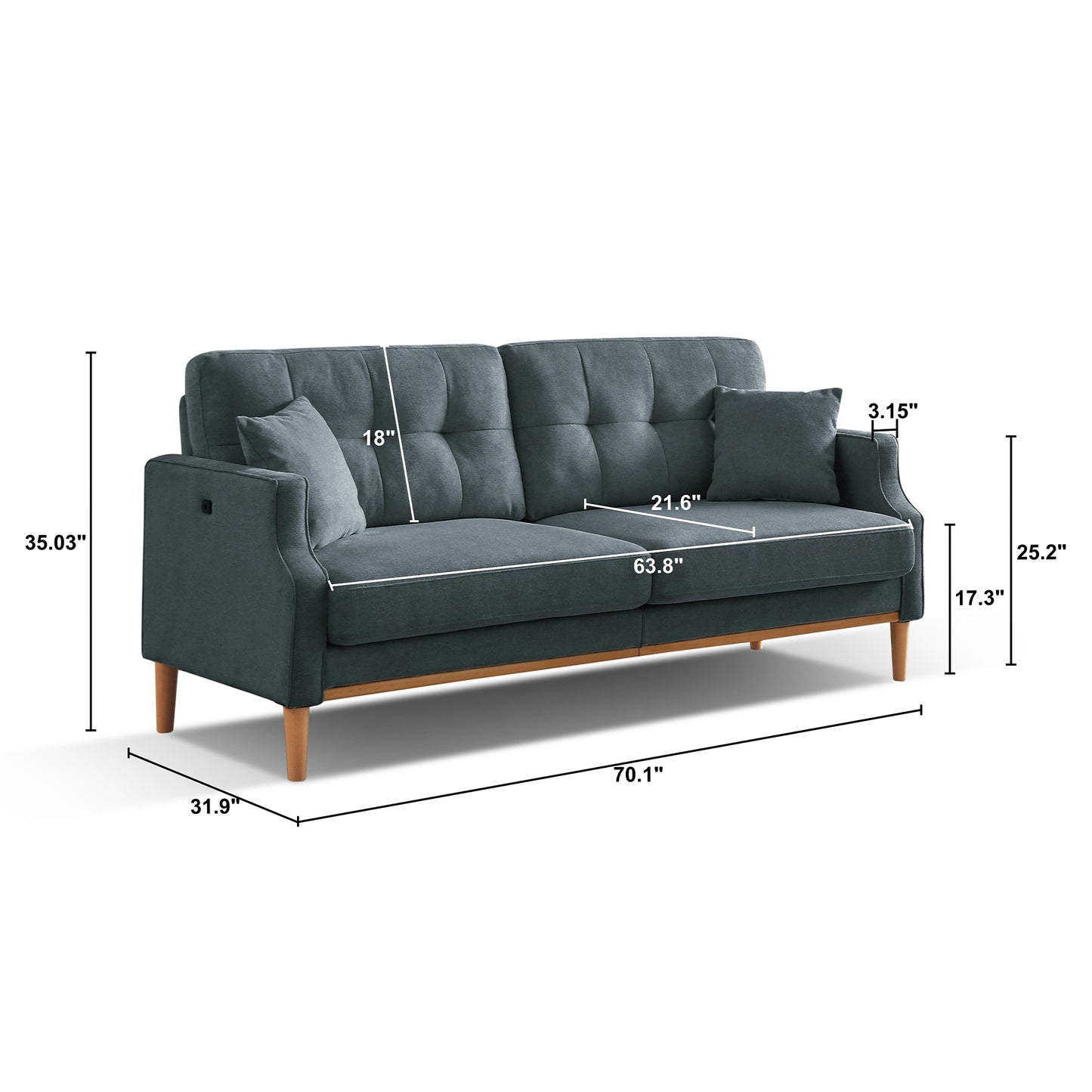 Dark teal upholstered sofa with tufted cushions wooden legs and two accent pillows