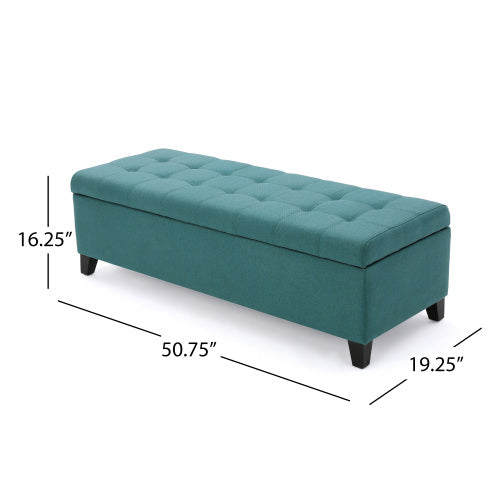 Teal upholstered storage ottoman with button tufting and wooden legs