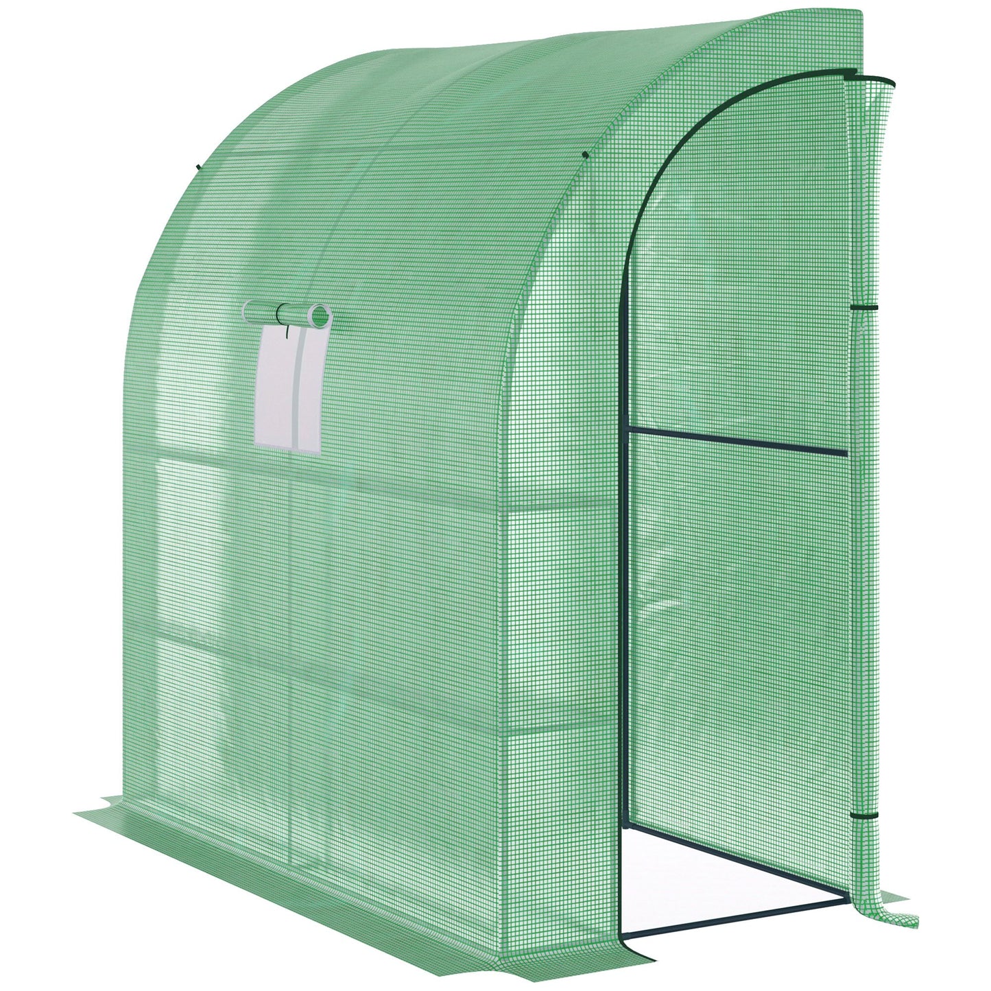 Green mesh mini greenhouse with zippered rollup door and ventilation window