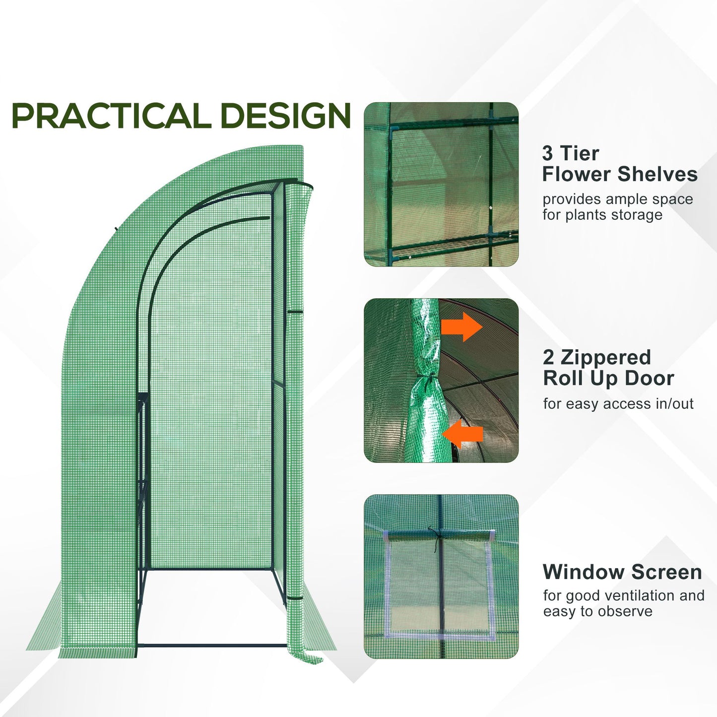 Green mesh greenhouse with arched frame and open door for gardening