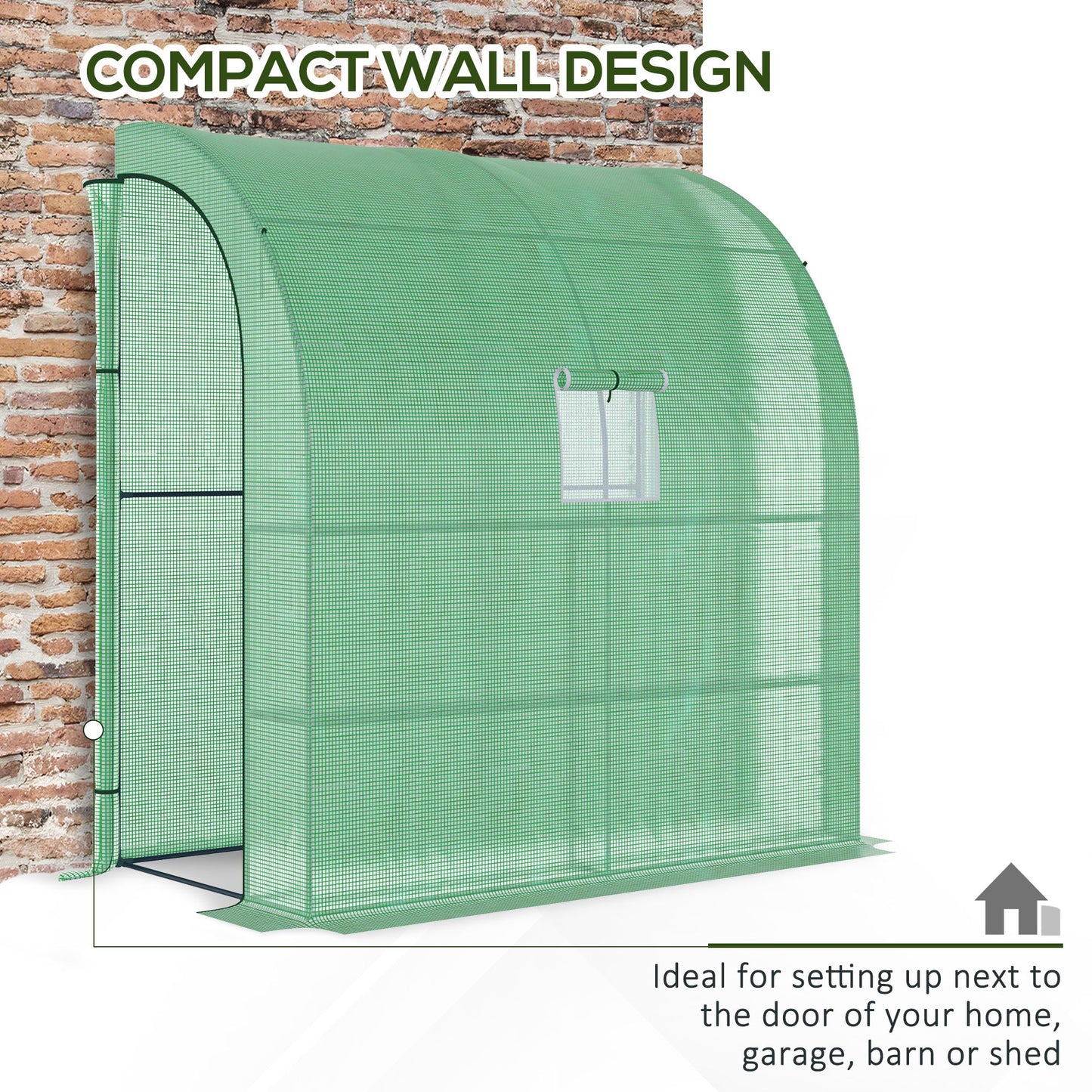 Green mesh garden greenhouse with rollup door and window perfect for compact wall design