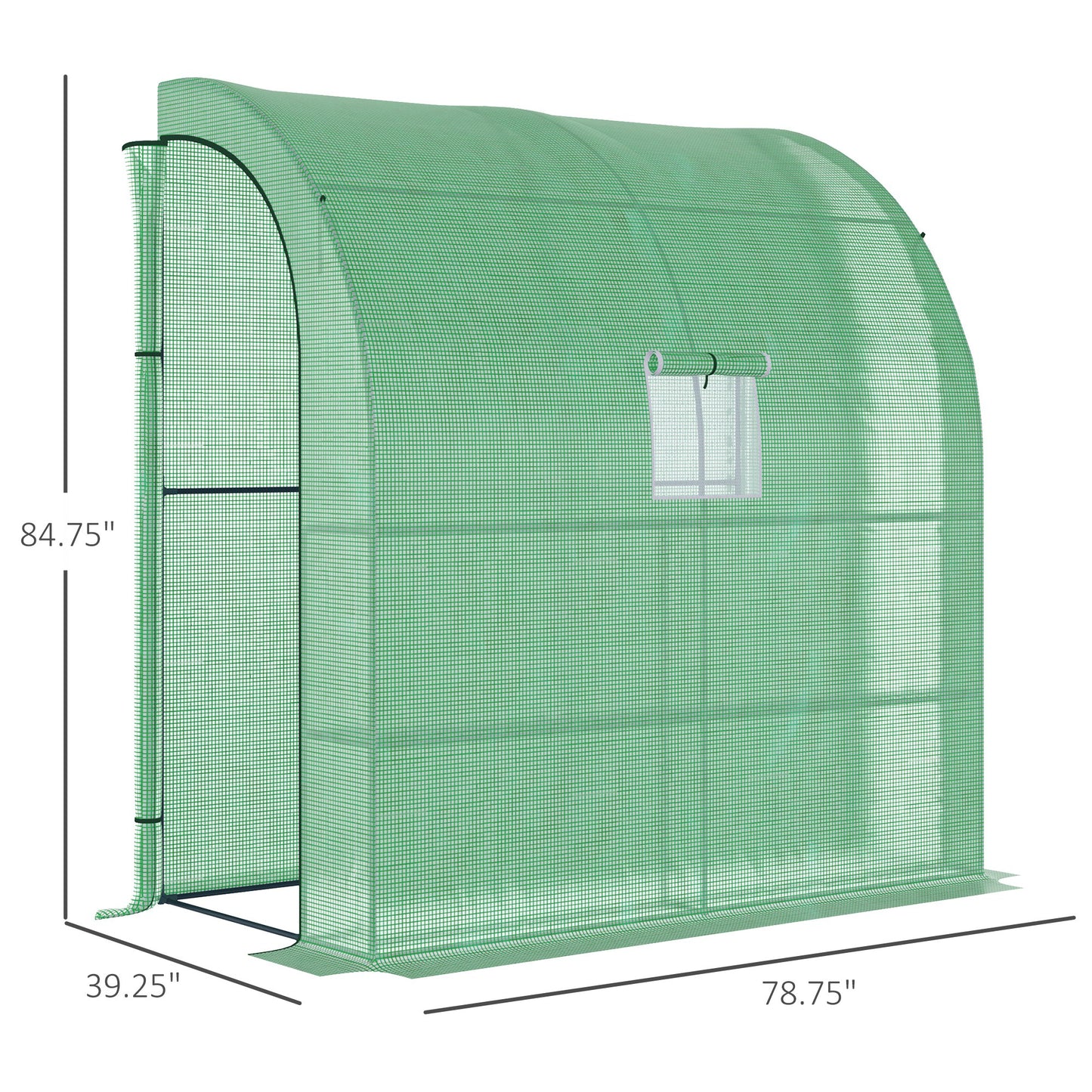 Green walkin greenhouse with rollup door and a small window for ventilation