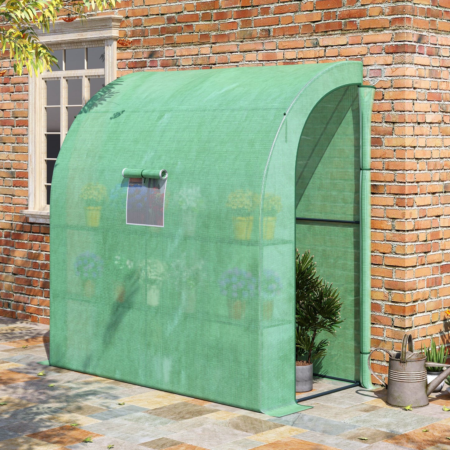 Green mesh greenhouse with shelves ideal for backyard gardening