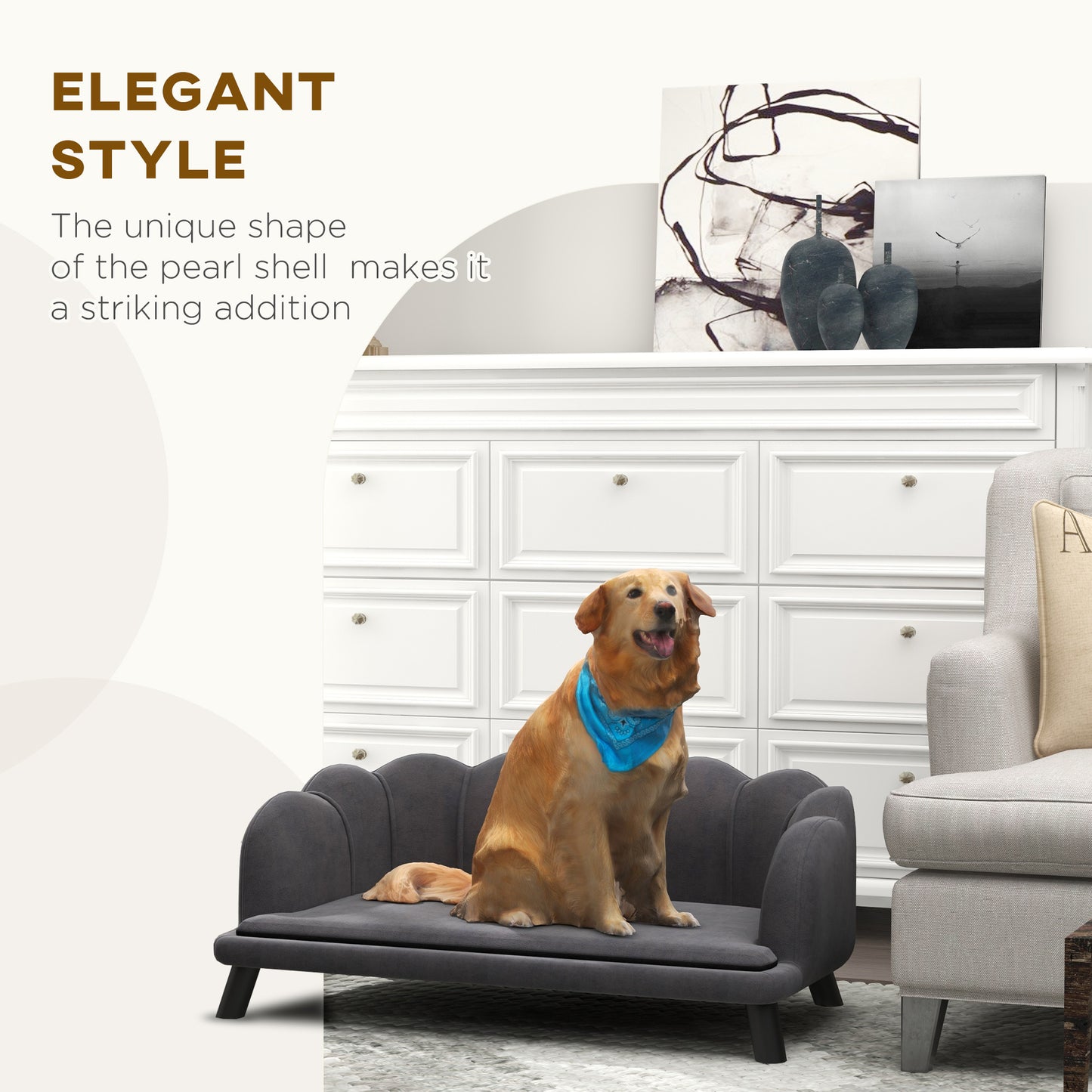 Dark grey velvet pet sofa with scalloped edges featuring a golden retriever wearing a blue bandana