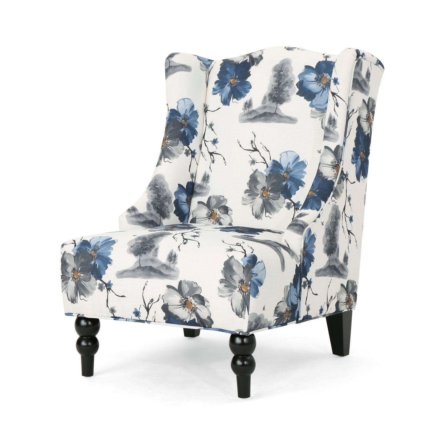 Floral wingback armchair with blue and grey watercolor blossoms and trees on white fabric
