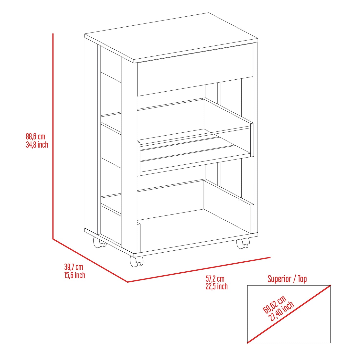 Wireframe drawing of a rolling kitchen cart with measurements