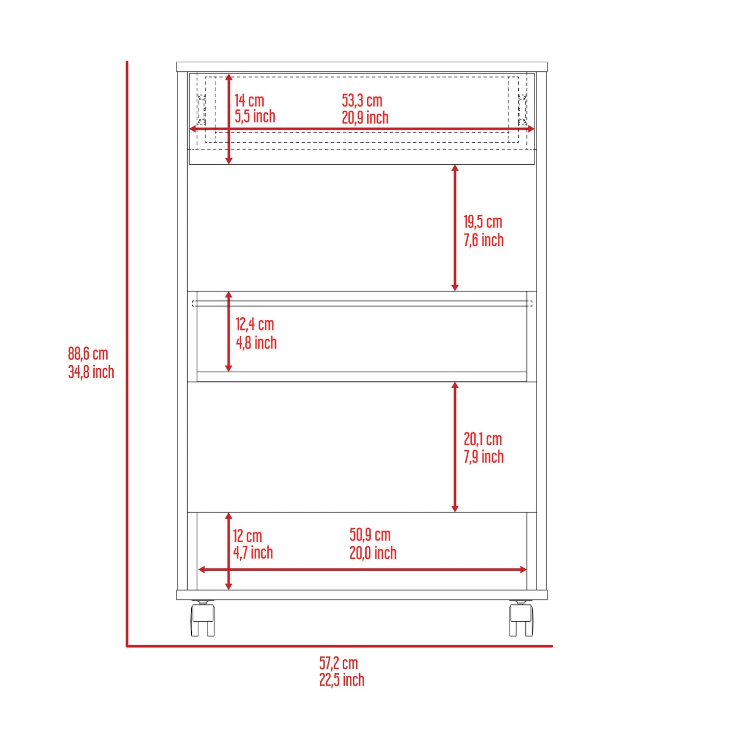 Detailed diagram of a chest of drawers with dimensions showing drawer heights and widths