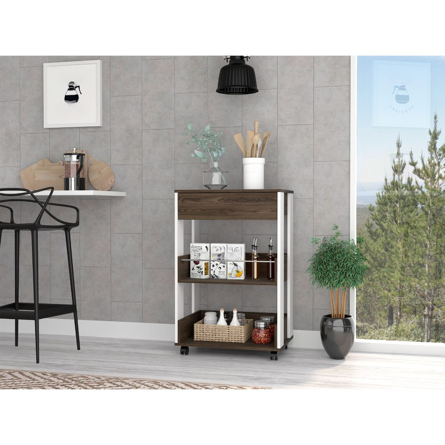 Compact kitchen cart with dark wood finish and white frame featuring shelves and a drawer for storage