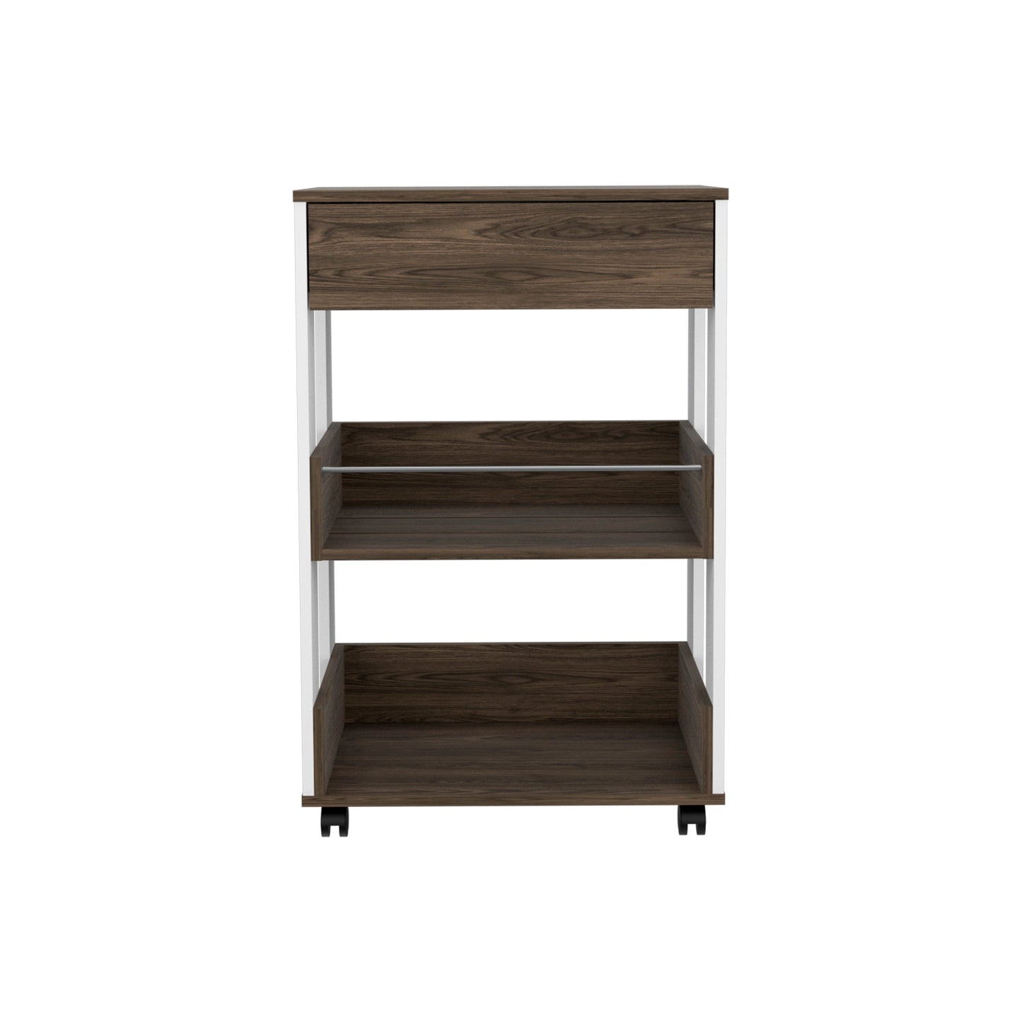Dark wood threetier shelving unit with silver frame and wheels