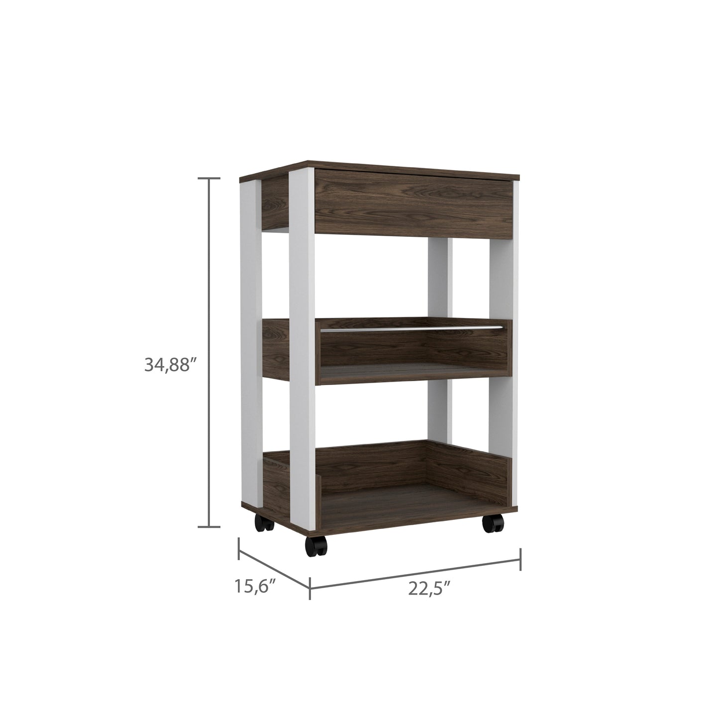 Dark brown wheeled storage cart with white frame and three shelves