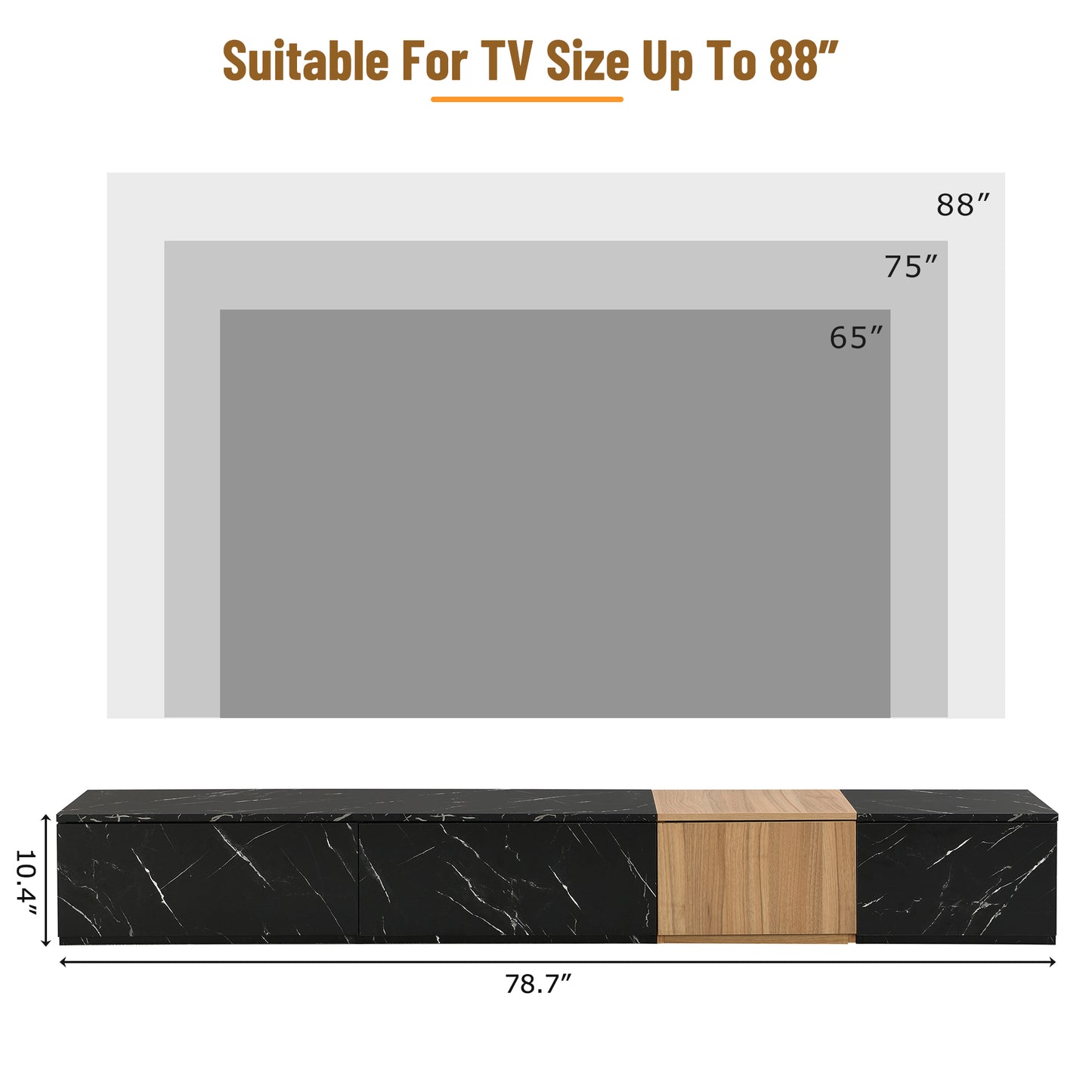 Modern black marble TV stand with wood accent inches wide accommodates up to inch TVs