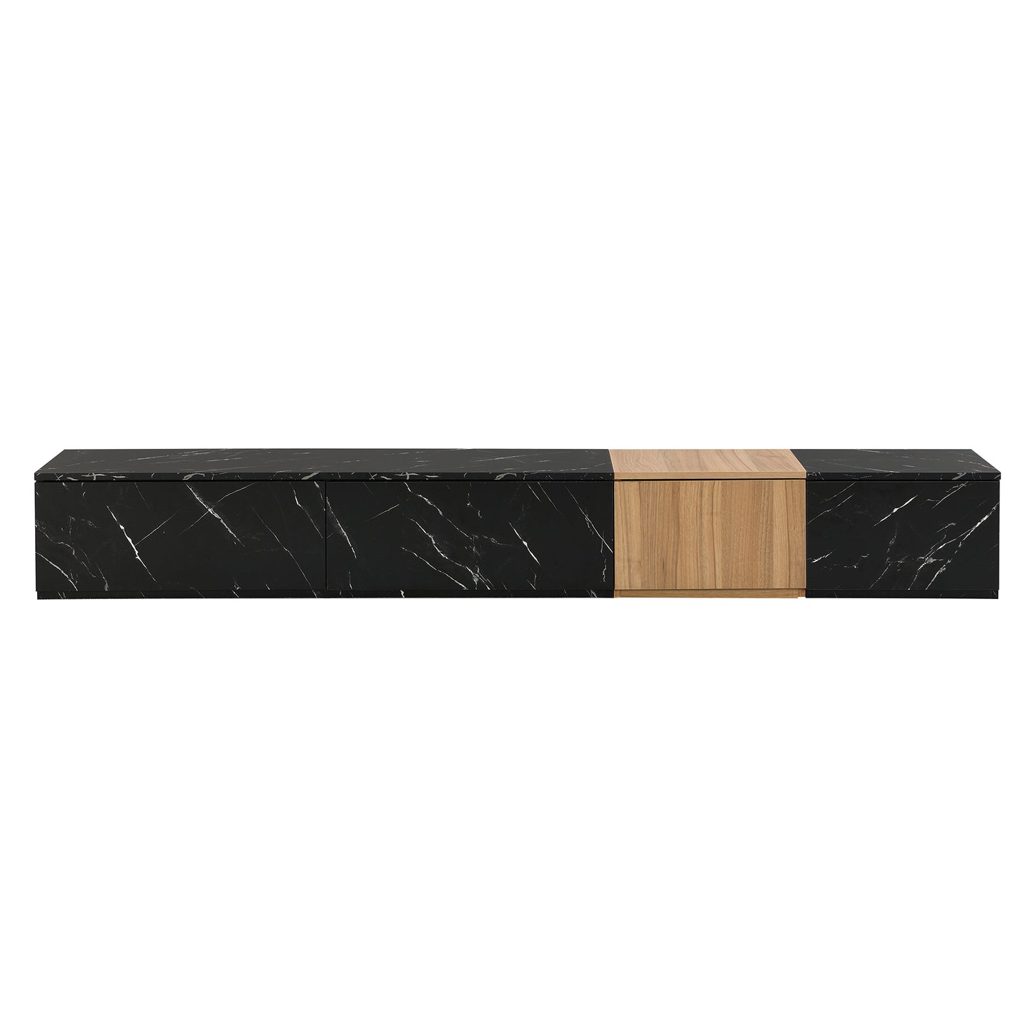 Sleek black marble media console with light wood panel accents