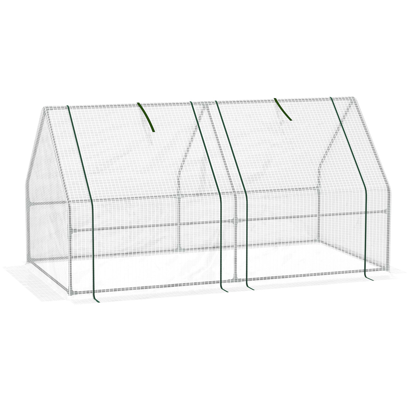 Walkin greenhouse with a white mesh cover and metal frame for garden protection