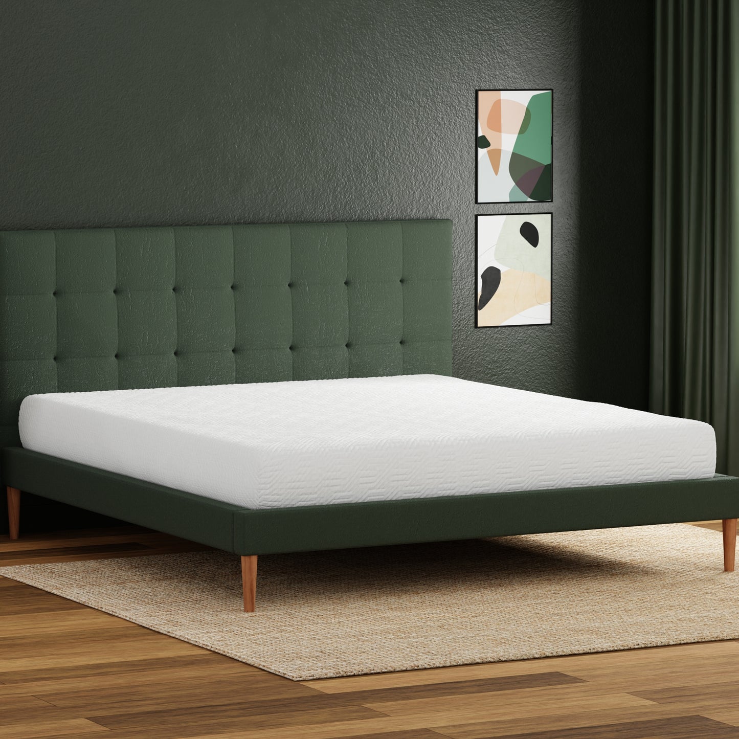 Tufted dark green upholstered bed frame with a white textured mattress wooden legs and modern art