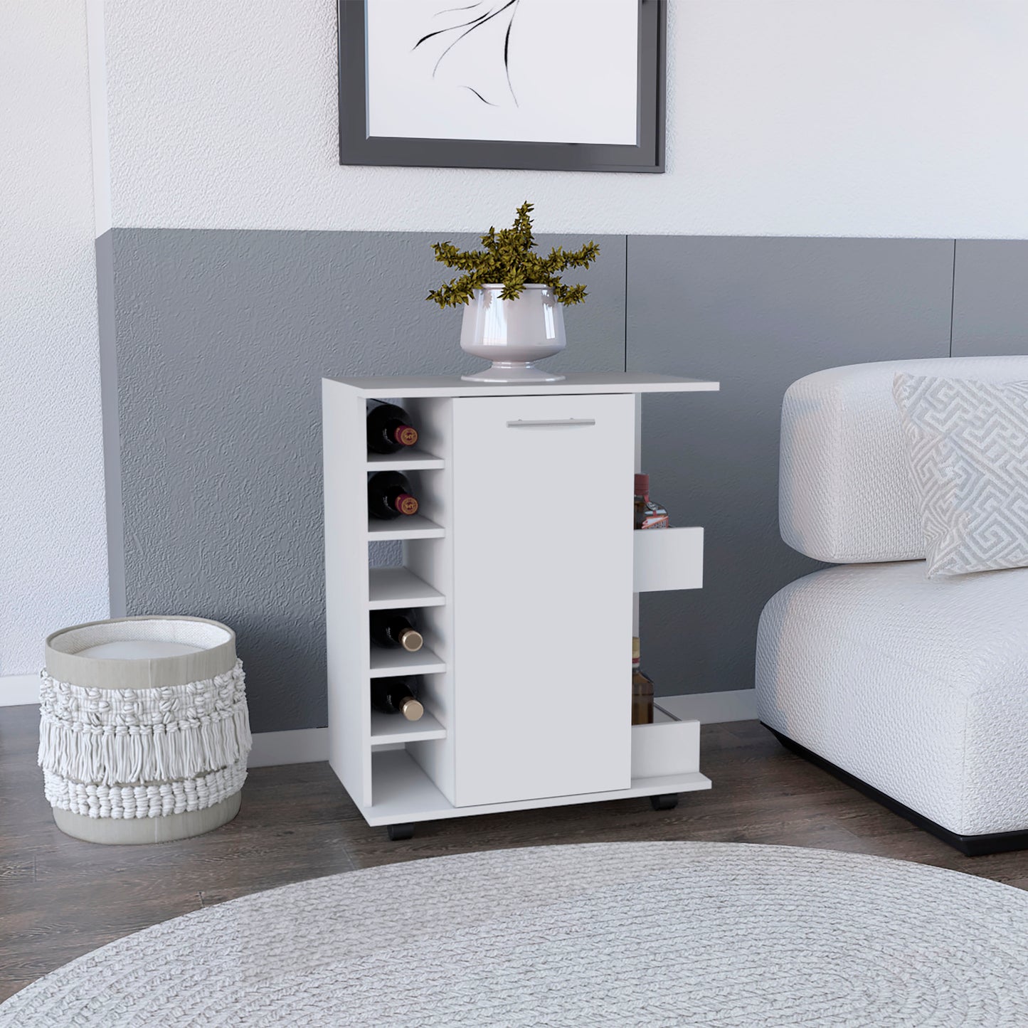 White modern bar cart with wine rack and storage drawers