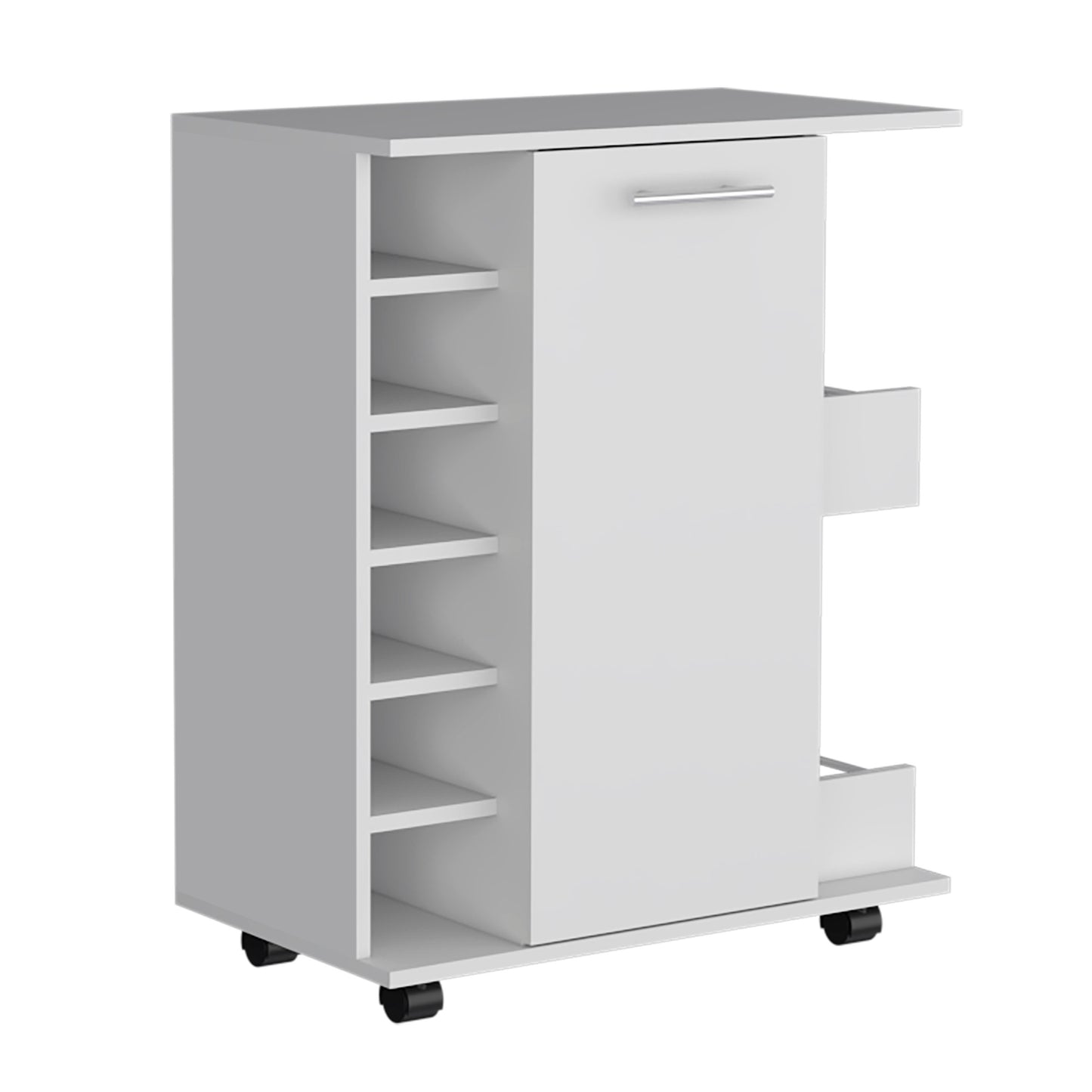 White kitchen cart with pullout drawer and side shelves