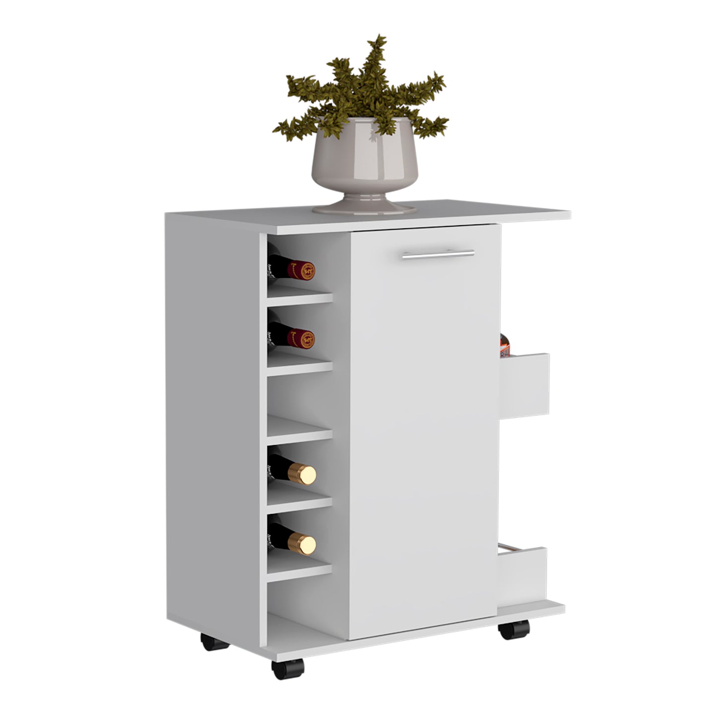 White kitchen cart with wine rack and drawer