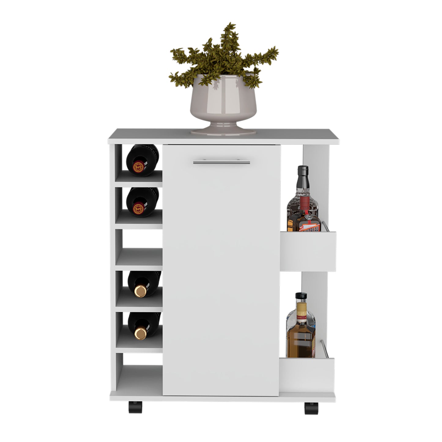 White rolling bar cart with wine rack and bottle storage