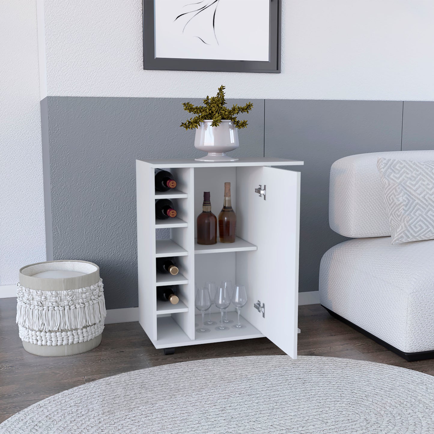 White modern bar cabinet with wine rack and glass storage