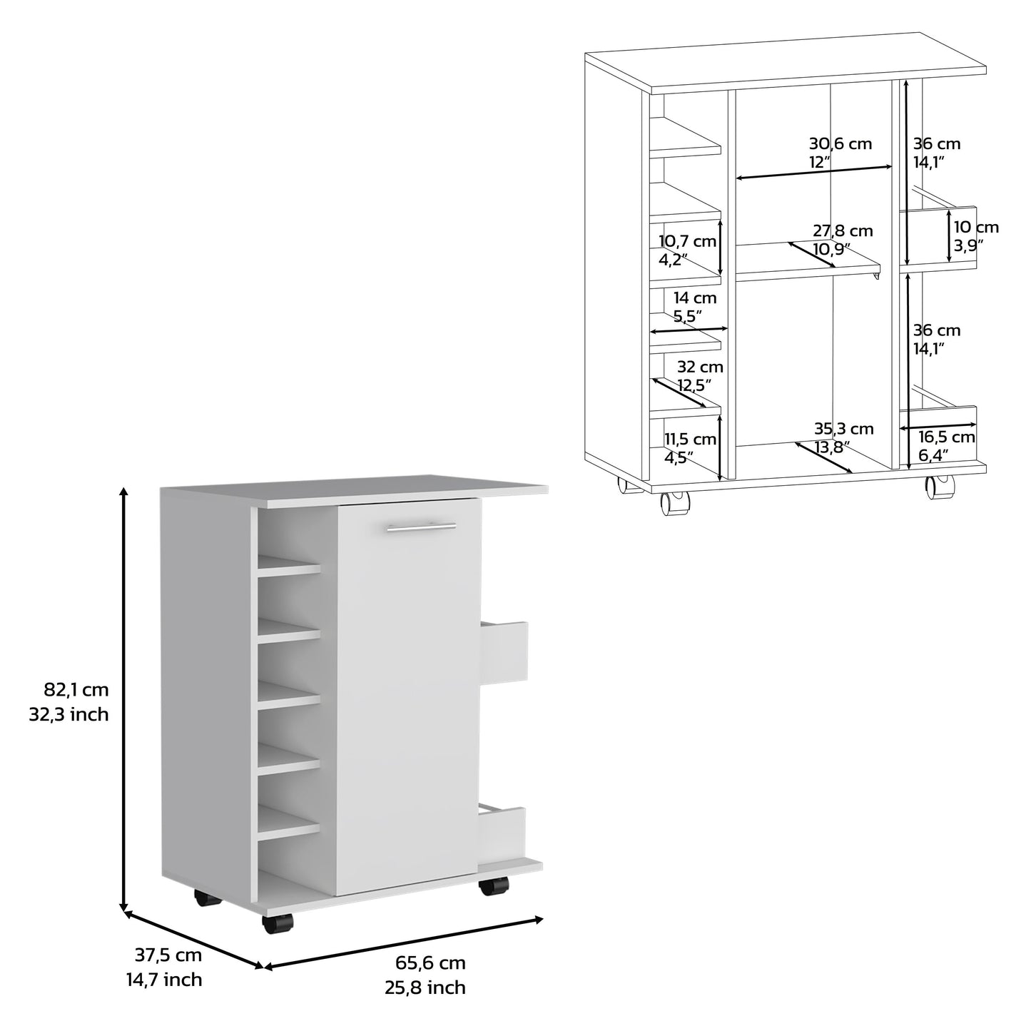 White rolling kitchen cart with open shelves on the left and a drawer and cabinet on the right