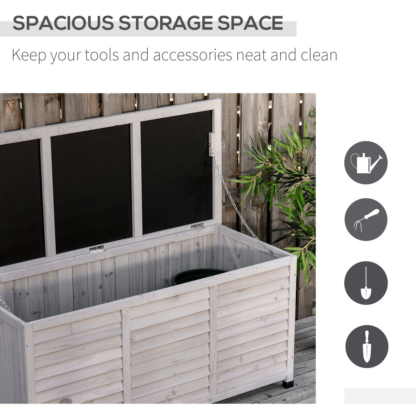 White wooden garden storage bench with louvered panels and open lid revealing interior space