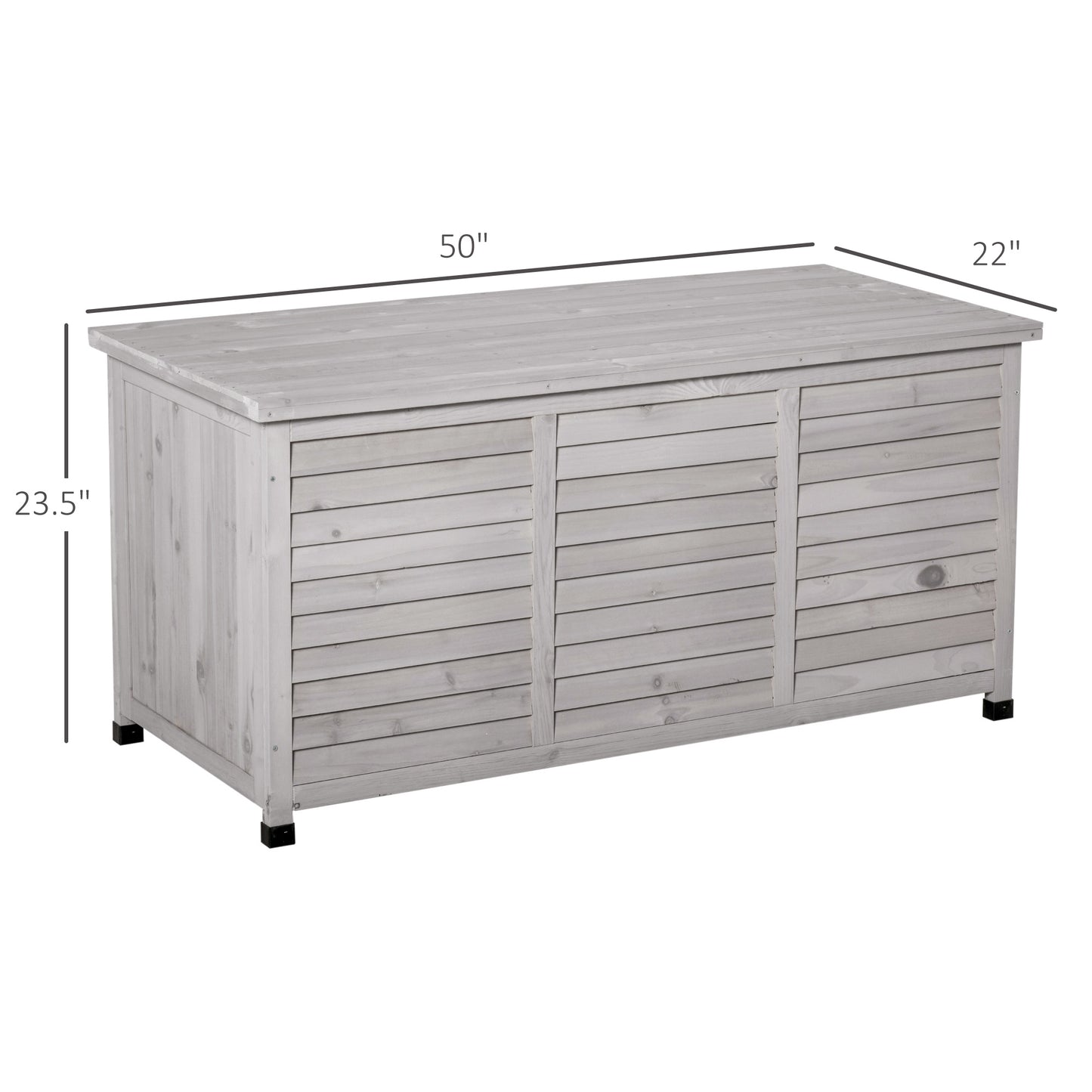 Gray wooden outdoor storage chest with slatted doors and lid W