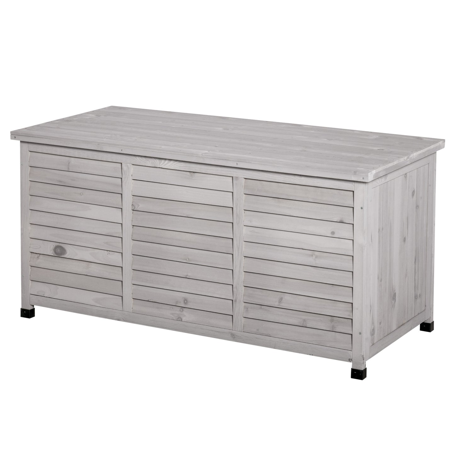 Weathered gray wooden outdoor storage bench with slatted front panels and a lifttop lid