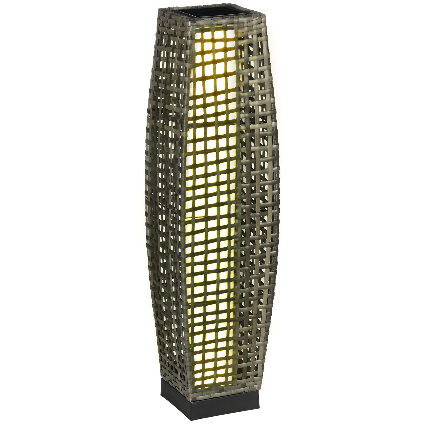Grey rattan outdoor floor lamp with a square base and warm glowing light within