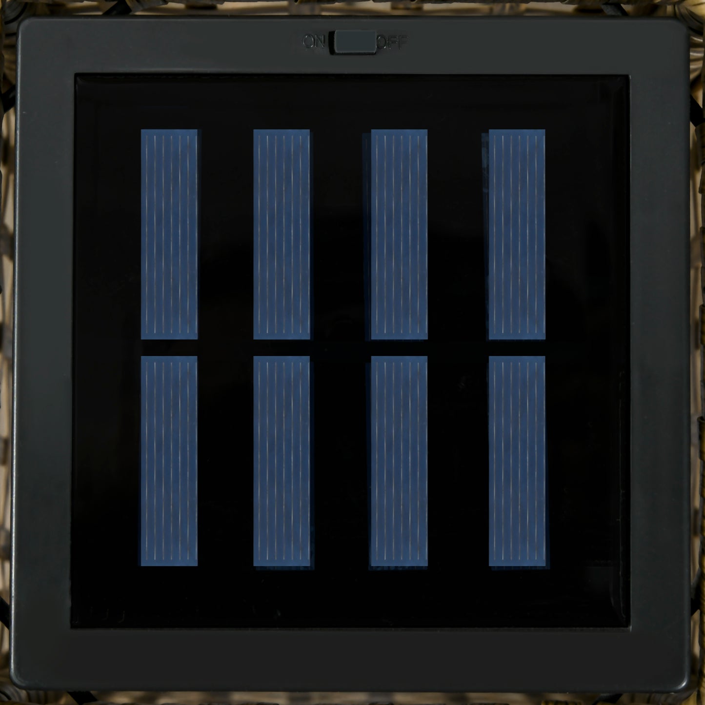 Closeup of an eightpanel blue solar panel with ONOFF switch ideal for outdoor lighting