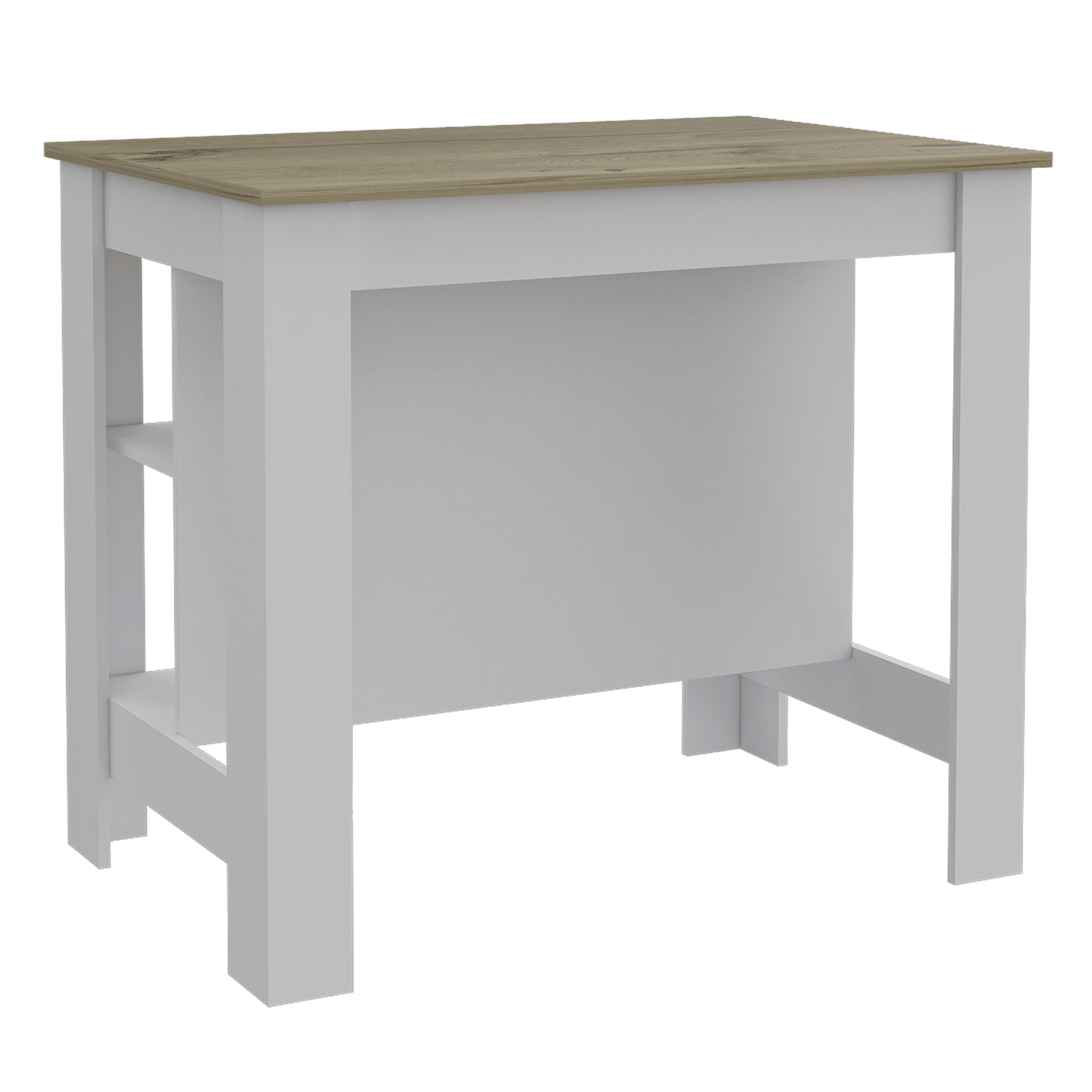 Modern white bar table with natural wood top and open shelving
