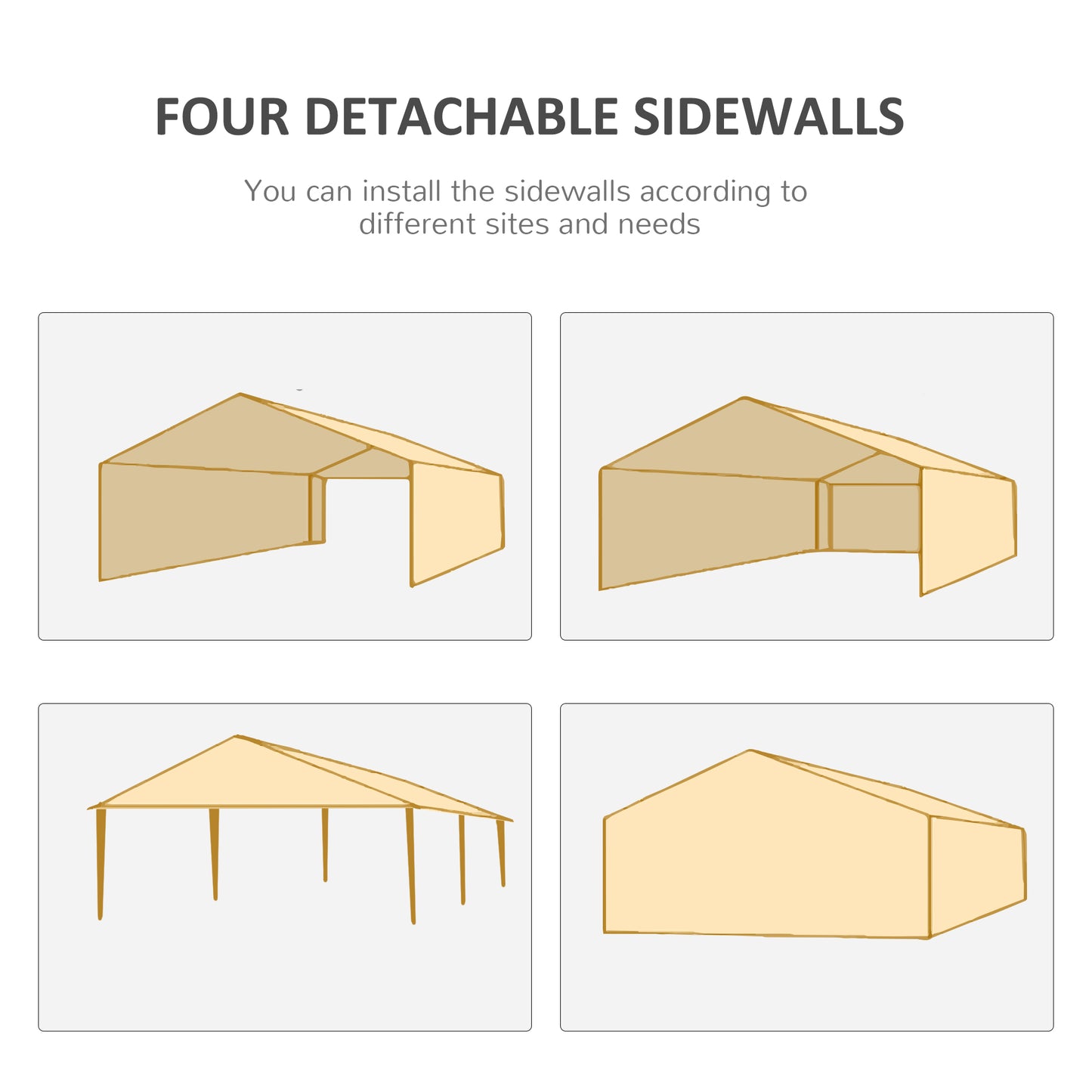 Tan tent frame with two open sides and one full sidewall