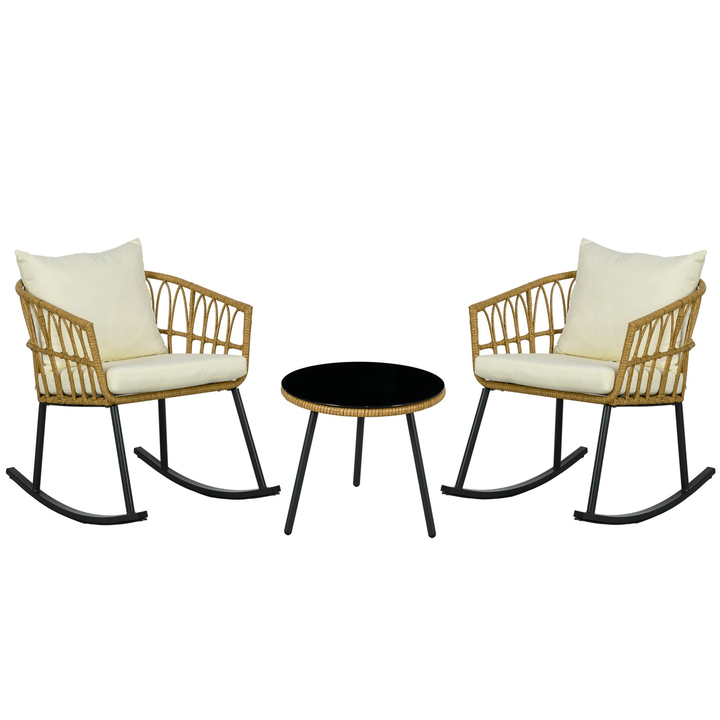 Wicker rocking chairs with cream cushions and black metal bases paired with a round black glass coffee table