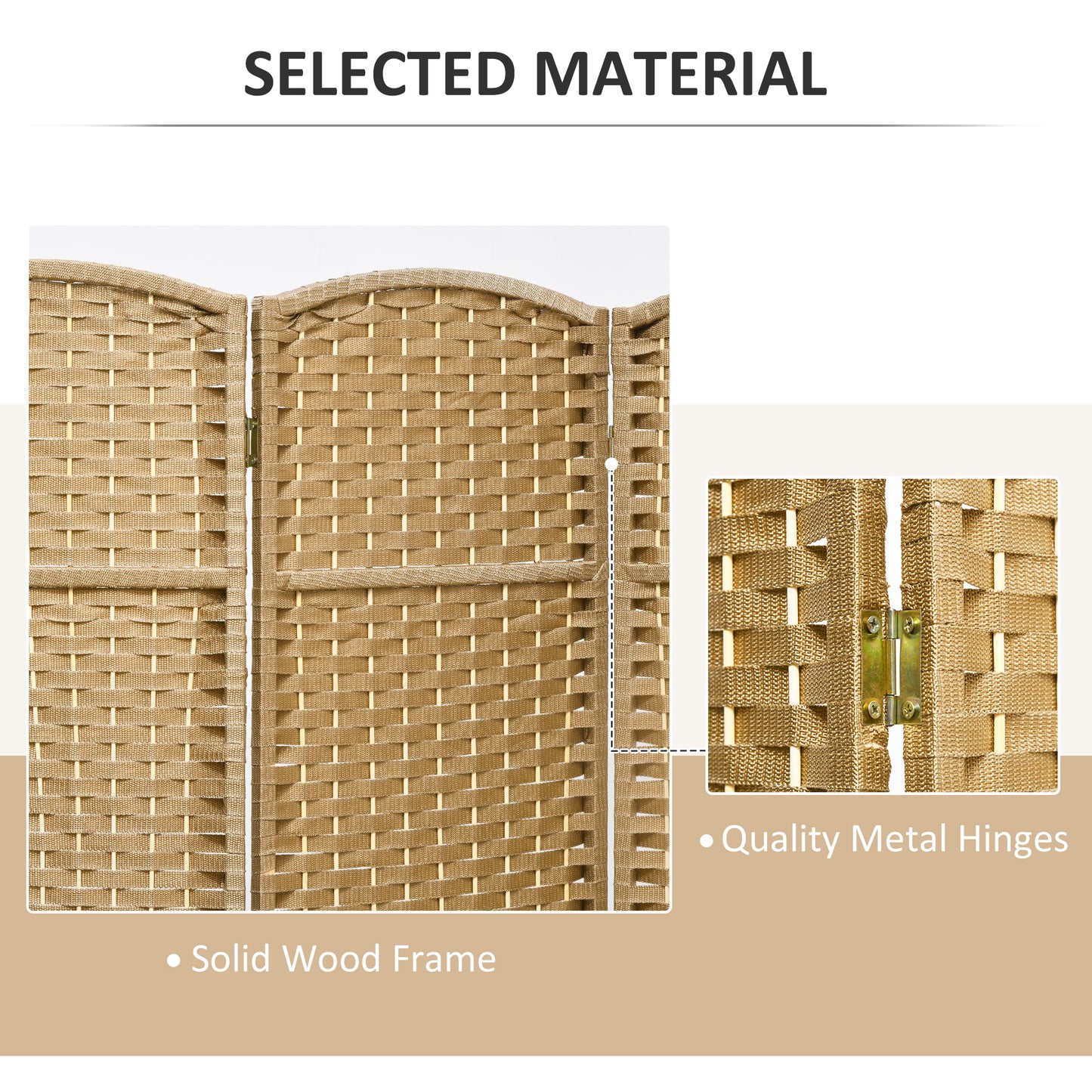 Woven tan room divider with a solid wood frame for privacy